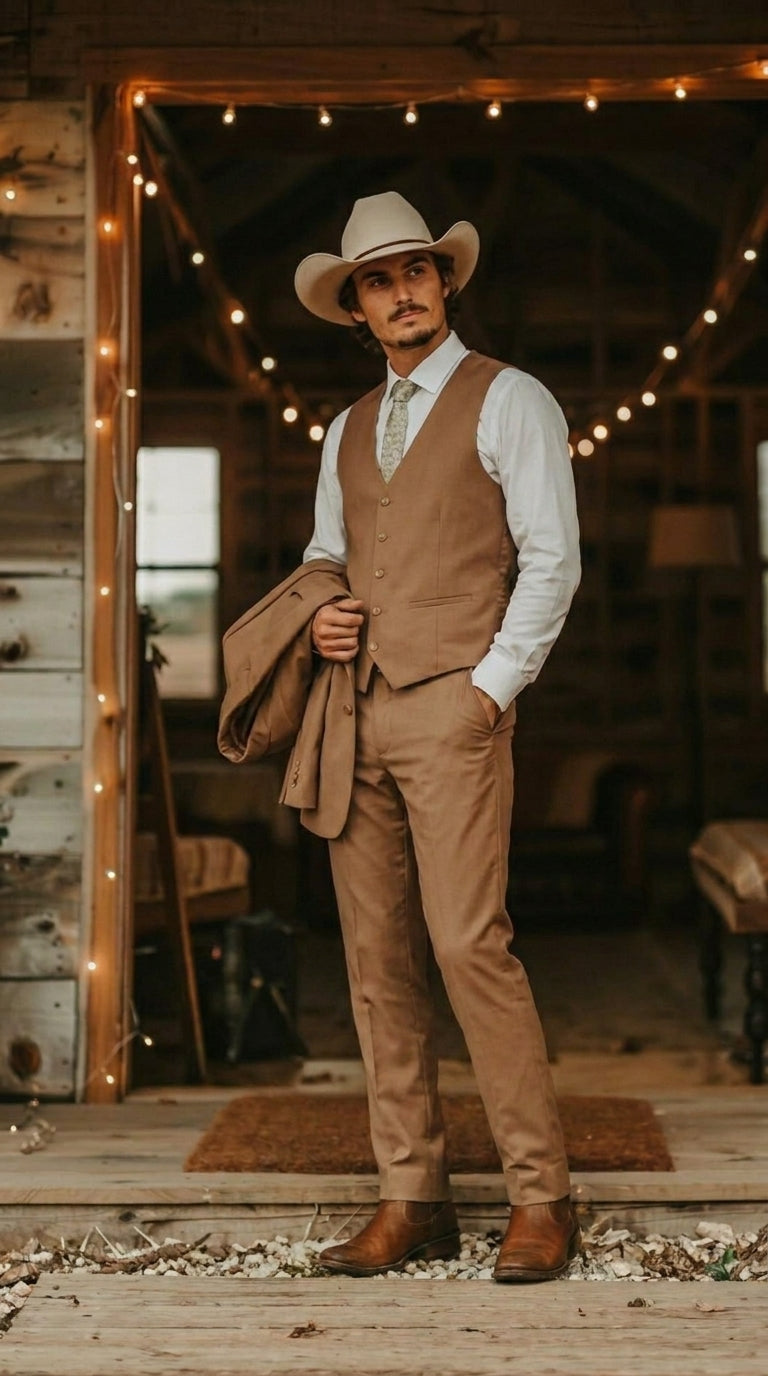 Mens Camel Brown Copper Western 3 Piece Suit – Classic Country Style Blazer Vest Pants Set, Formal Cowboy Suit Outfit - 34 Short or Extra Small