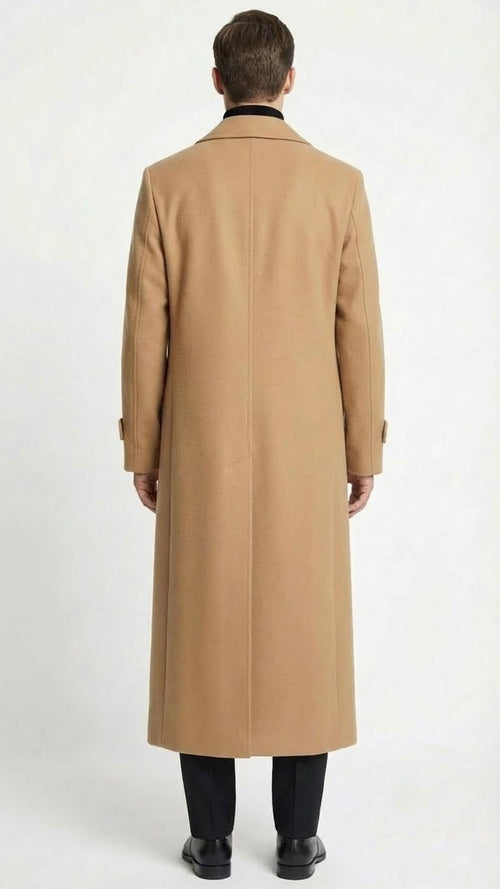 Mens Full-Length Camel Overcoat Classic Long Microfiber-Blend Coat for Winter and Formal Wear Maxi Duster Coat