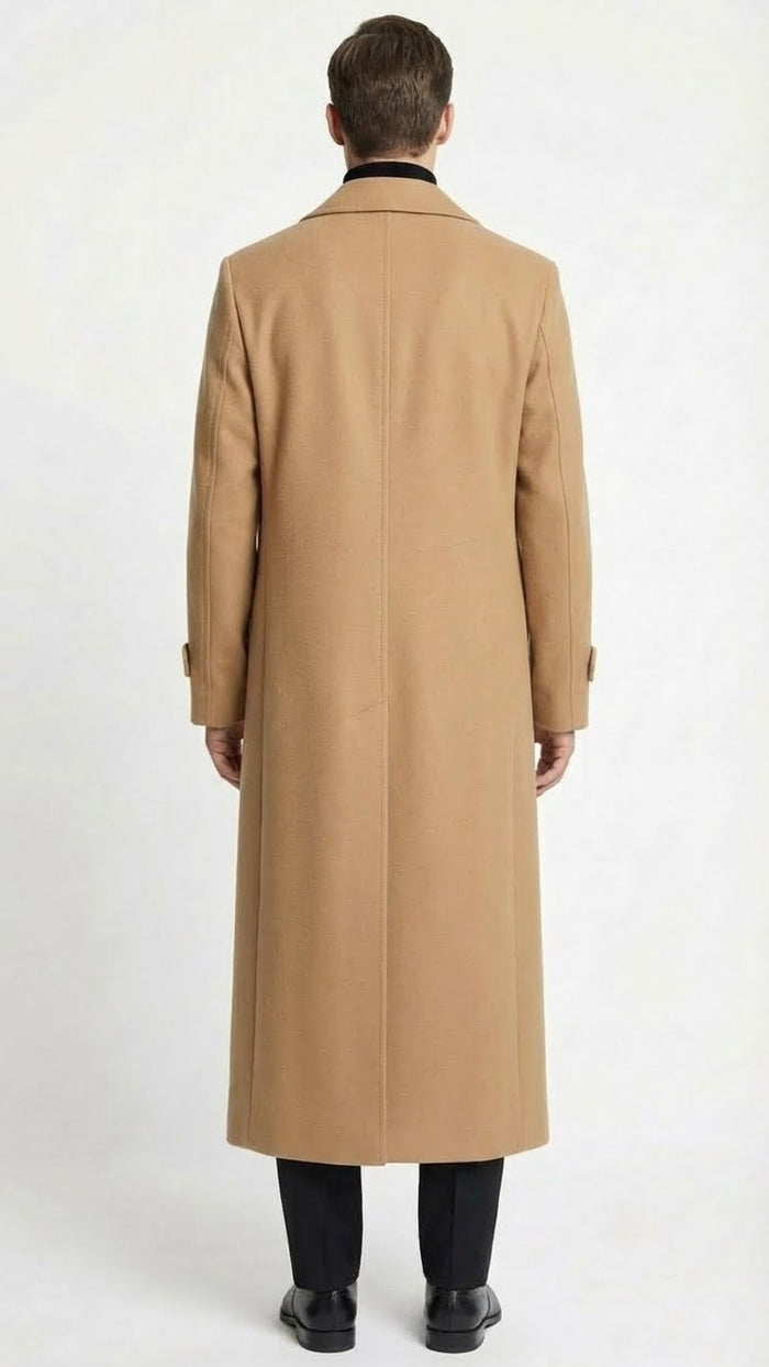Mens Full-Length Camel Overcoat Classic Long Microfiber-Blend Coat for Winter and Formal Wear Maxi Duster Coat