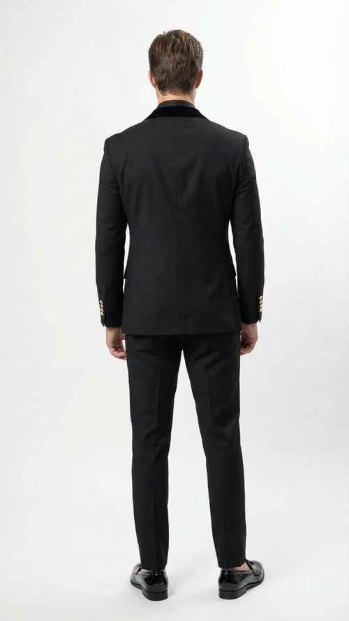 Mens Black Double Breasted Tuxedo Suit Luxury Formal Dinner Jacket Gold Buttons Velvet Lapel