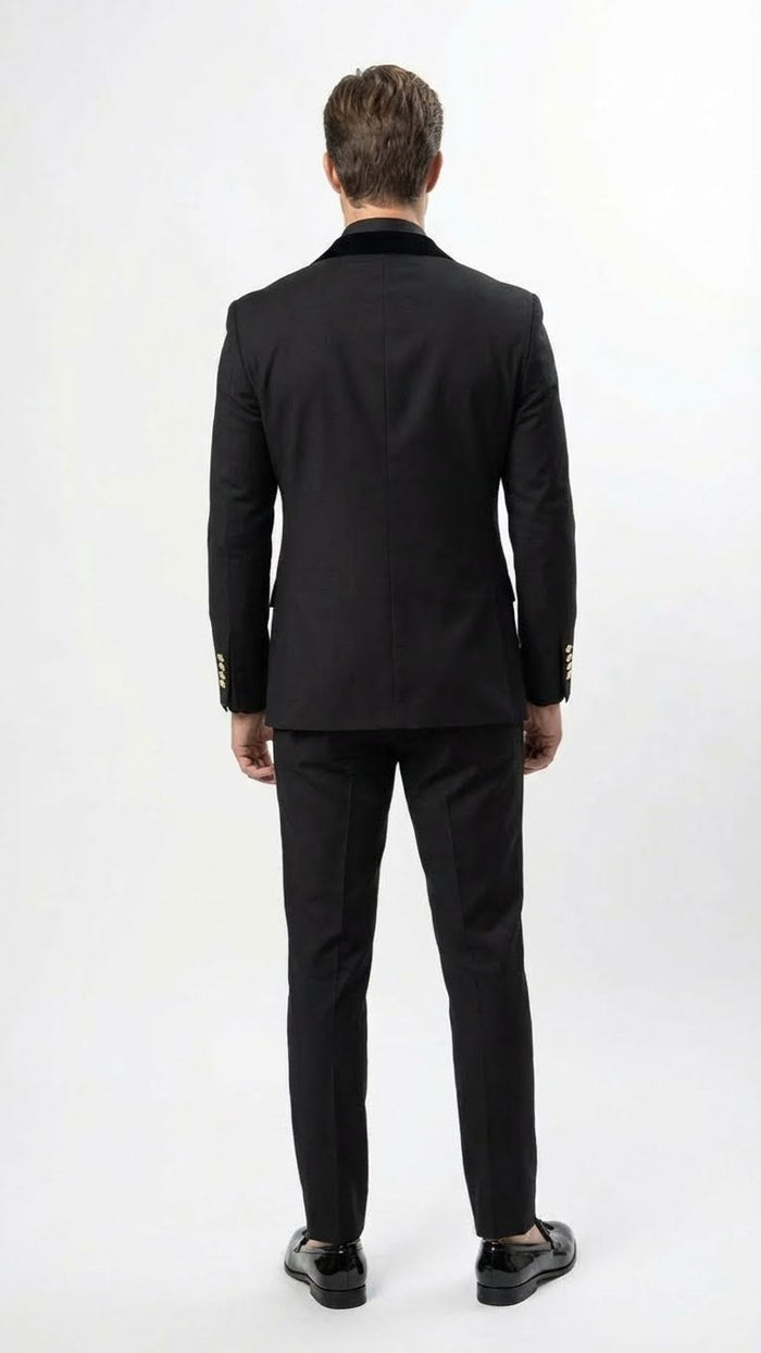 Mens Black Double Breasted Tuxedo Suit Luxury Formal Dinner Jacket Gold Buttons Velvet Lapel