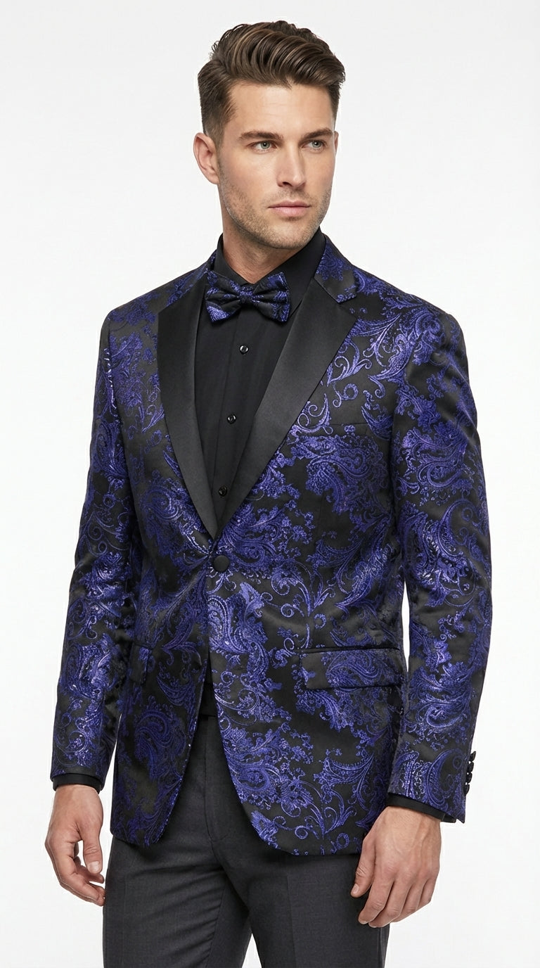Mens Royal Blue Paisley Jacquard Blazer – Luxury Pattern Tuxedo Dinner Jacket with Black Satin Lapel for Wedding, Prom With Bowtie - 36 Short