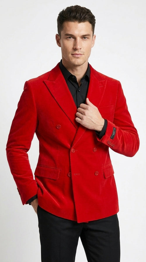 Men’s Red Double Breasted Blazer – Peak Lapel Wedding, Prom & Party Sport Coat