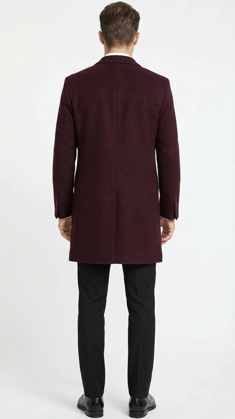 Men’s Burgundy Mid-Length Overcoat – Classic Fit Wool Blend Dress Coat Three Quarter Carcoat Topcoat - Coat Size 38