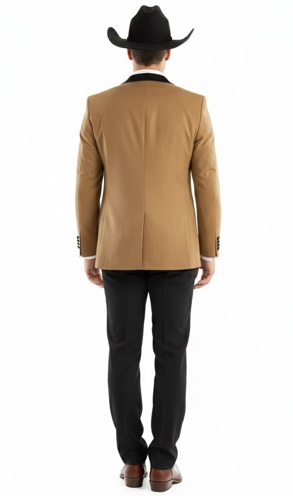 Mens Western Cowboy Tuxedo Tan and Black 3-Piece Suit with Satin Lapel and Vest in Mocca Coffee Color