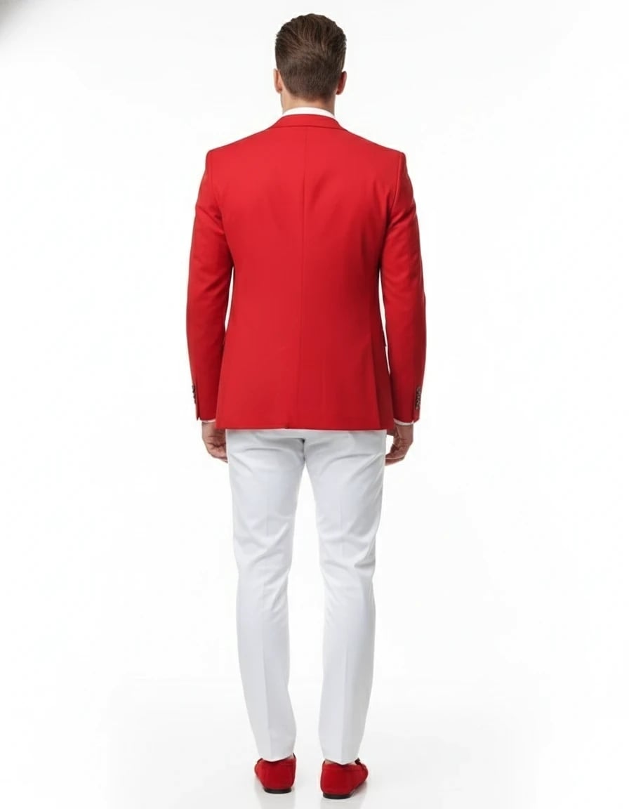 Mens Red Blazer and White Pants Set – Stylish Casual Dress Outfit For New Year Holiday and Christmas Suit - 36 Short