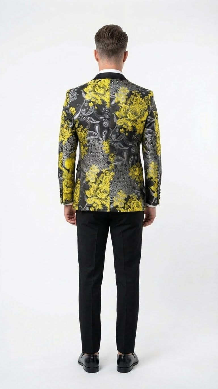 Men’s Yellow Tuxedo Black and Gold Floral Pattern Blazer | Formal Jacket - Prom Dinner Jacket + Black Pants + Bowtie - 36 Short