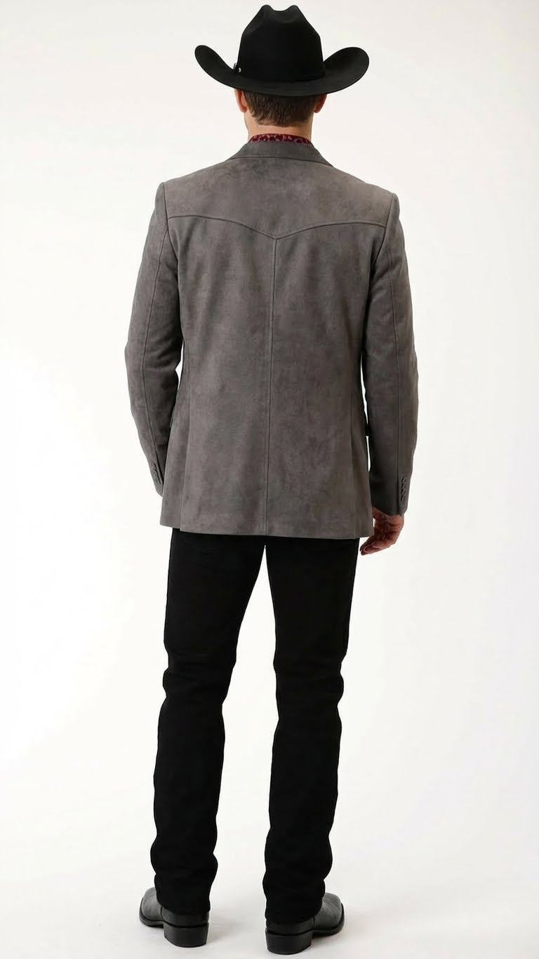 Mens Charcoal Gray Western Faux Suede Blazer Double Button Cowboy Jacket for Wedding & Party Wear - 36 Short