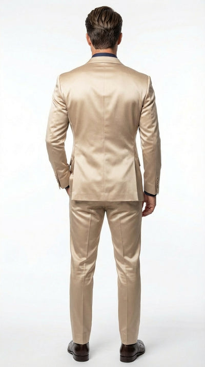 Mens Shiny Champagne Gold Two Piece Suit Luxury Formal Satin Finish Suit for Wedding, Party and Evening Wear