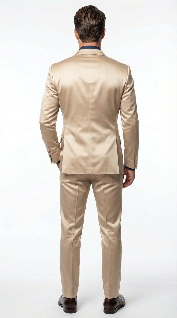 Mens Shiny Champagne Gold Two Piece Suit Luxury Formal Satin Finish Suit for Wedding, Party and Evening Wear