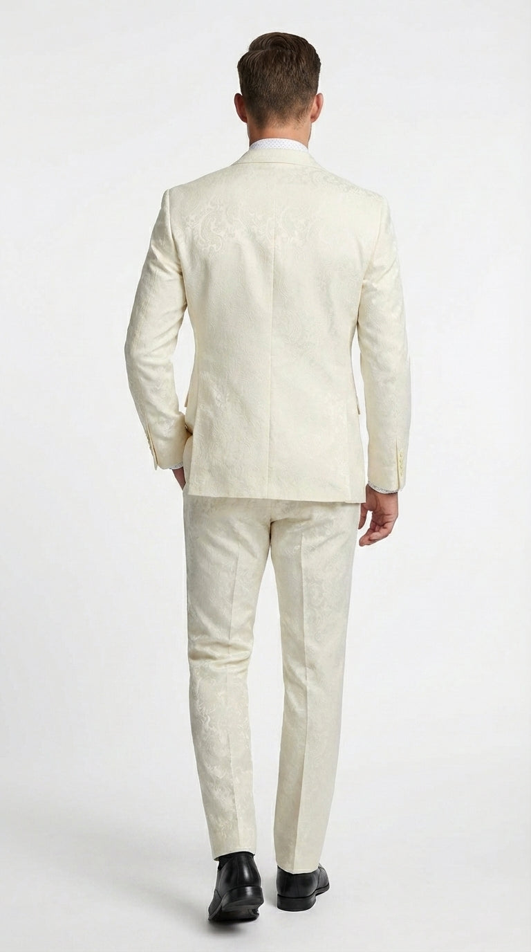 Men’s Ivory Paisley Shiny Suit – Flroal Formal Wedding and Prom Suit for Party, in Cream Off White - 34 Short or Extra Small