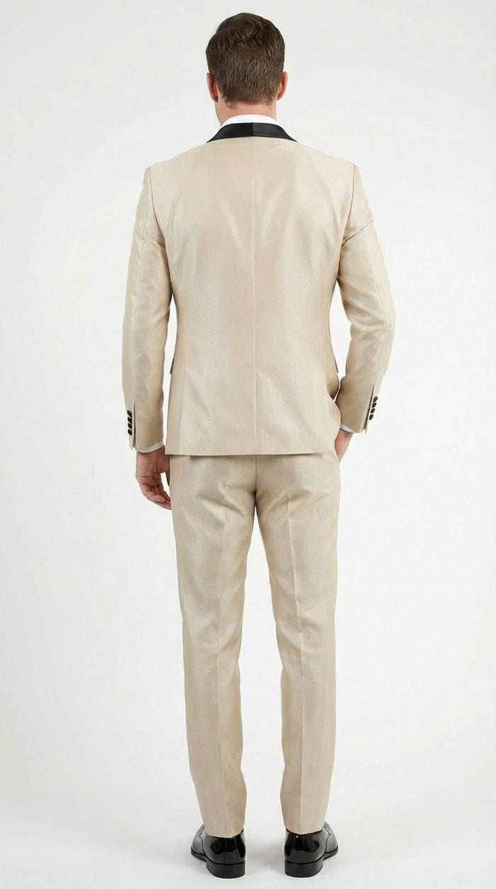 Mens Champagne Beige Shiny Tuxedo 3 Piece Suit with Black Shawl Lapel | Formal Wedding Prom Suit Set in Sand Light Tan Color