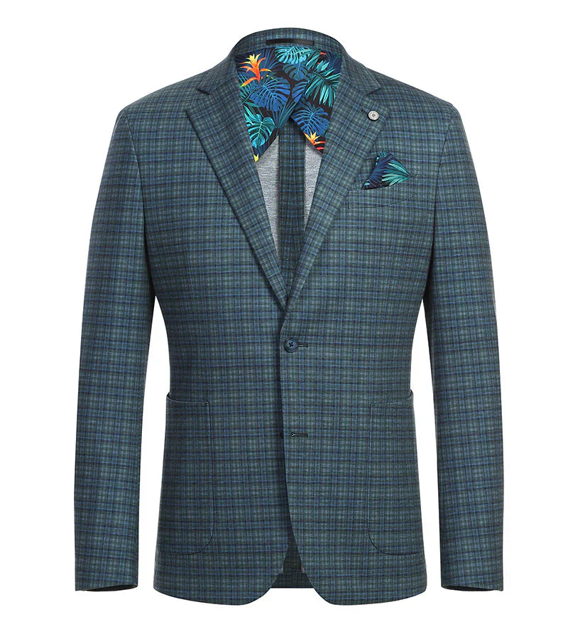 Half Canvas Slim Fit Blazer in Green Blue Check - 40R