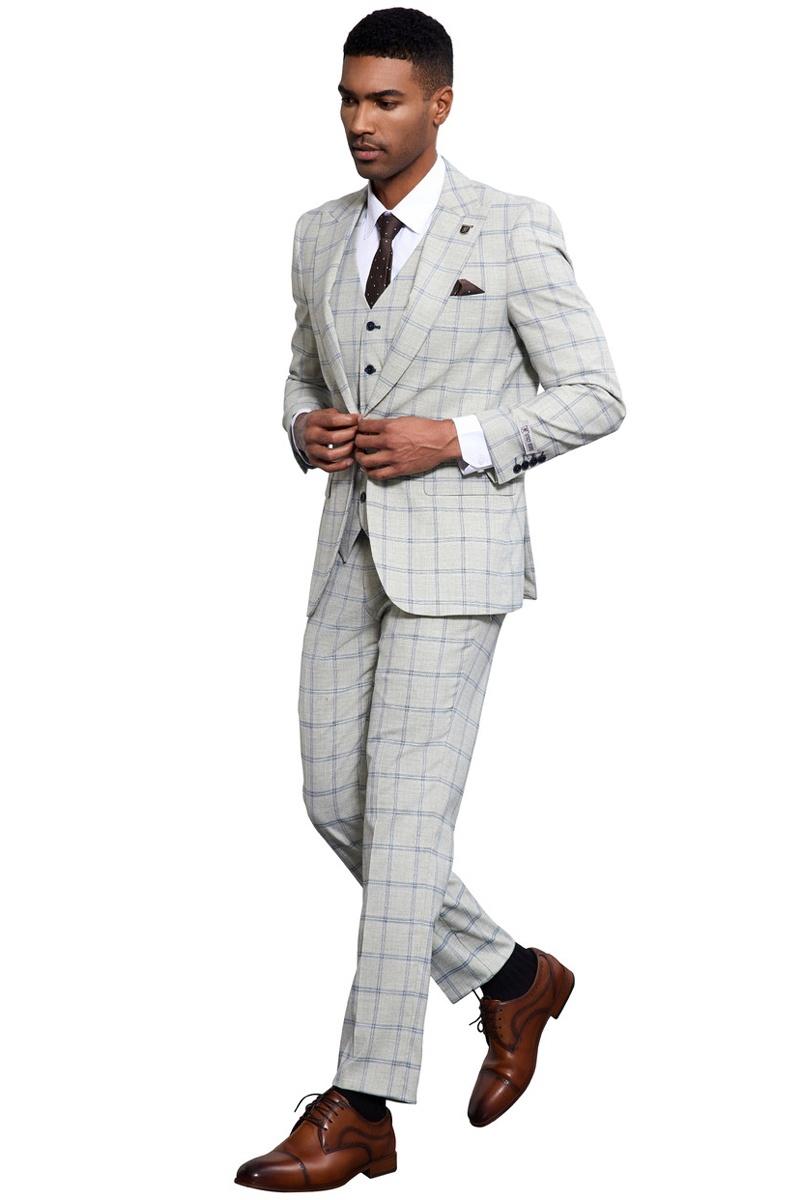 Men's Stacy Adams One Button Peak Lapel Vested Windowpane Plaid Suit in Grey & Blue - 38 Regular