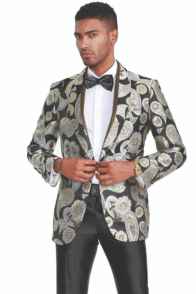 "Brocade Pattern Men's Tuxedo Dinner Jacket - Silver & Black"
