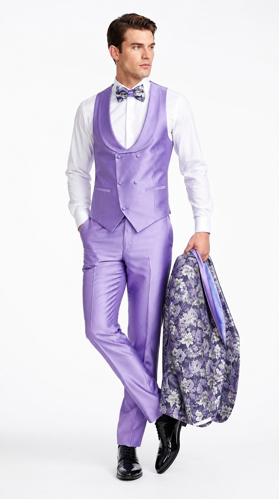 Men’s Lilac Lavender Prom Suit – Floral Shawl Lapel 3 Piece Tuxedo with Matching Vest and Pants - 34 Short or Extra Small