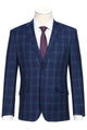 "Classic Fit Two Button Wool Suit for Men - Dark Royal Blue Windowpane Plaid"