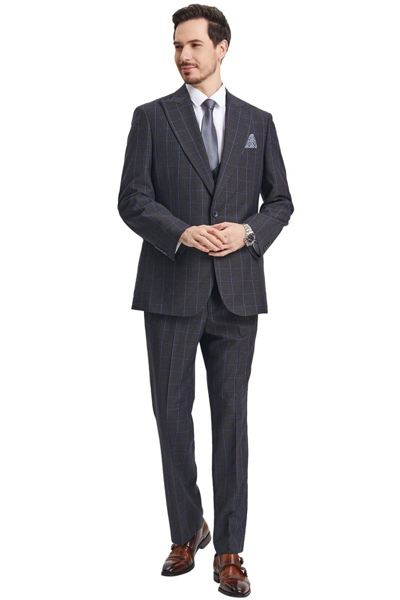 Men's Stacy Adams Peak Lapel Charcoal Grey Windowpane Plaid Suit with a Scoop Neck Vest - 38 Regular