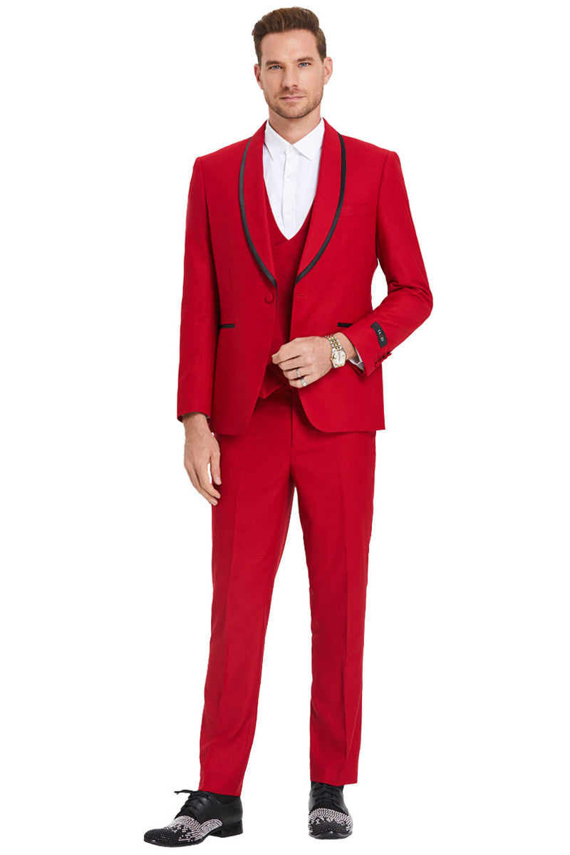 "Red Birdseye Men's Shawl Tuxedo with Black Satin Trim - One Button Vested"