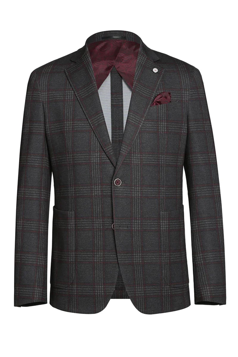 Mens Slim Fit Patch Pocket Vintage Style Sports Coat Blazers in Charcoal Grey Windowpane Plaid - 36 Short