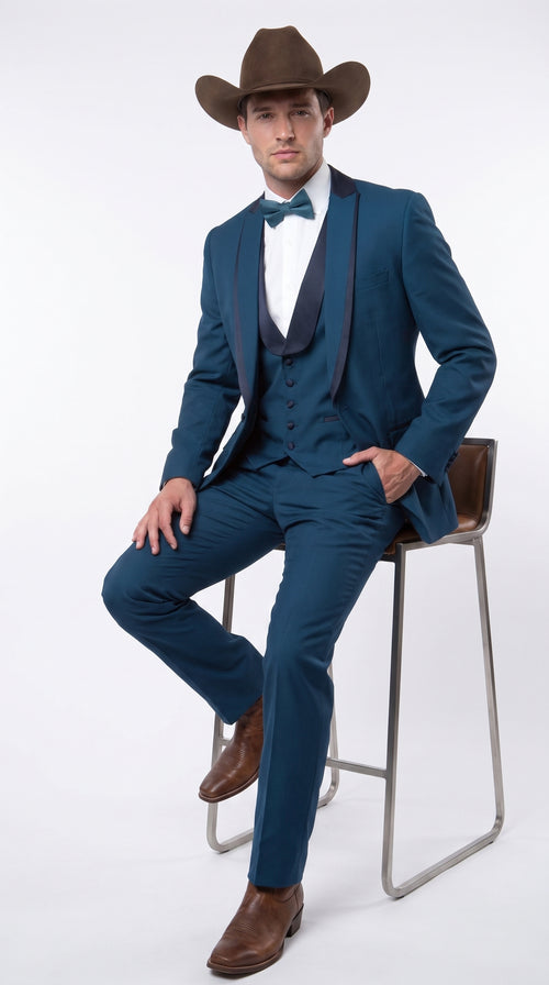 Men’s Teal Blue Western Tuxedo Suit, 3 Piece Cowboy Formal Wedding Prom Suit with Black Shawl Lapel Saphire
