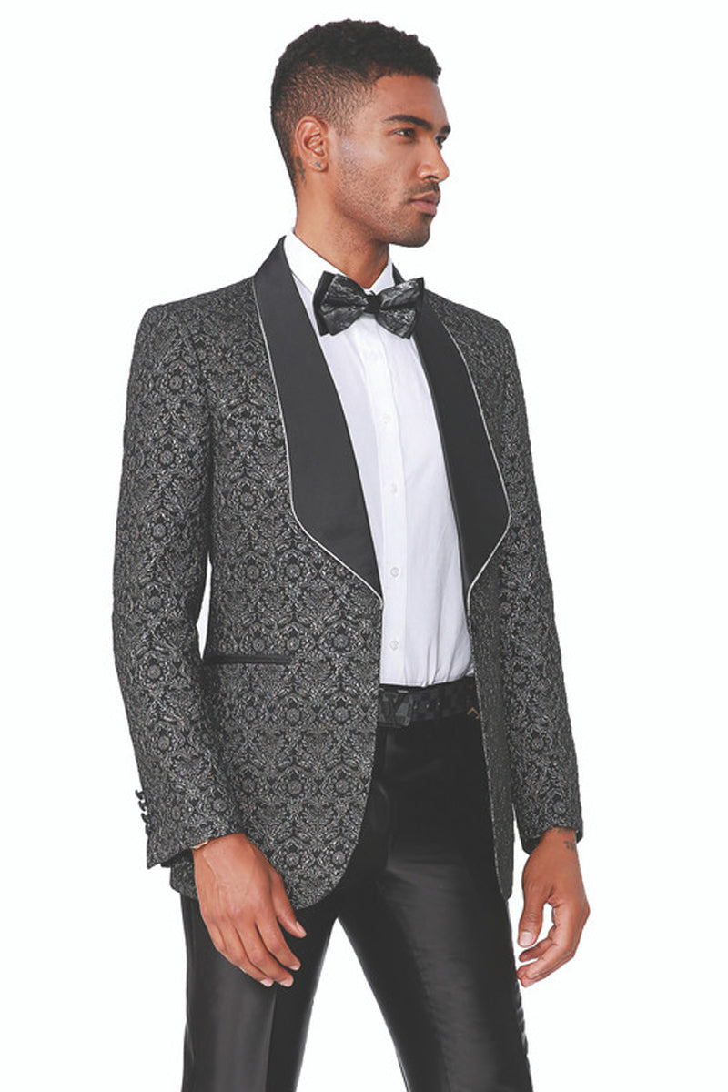 "Paisley Brocade Tuxedo Blazer for Men - Fancy Square Lapel in Black"
