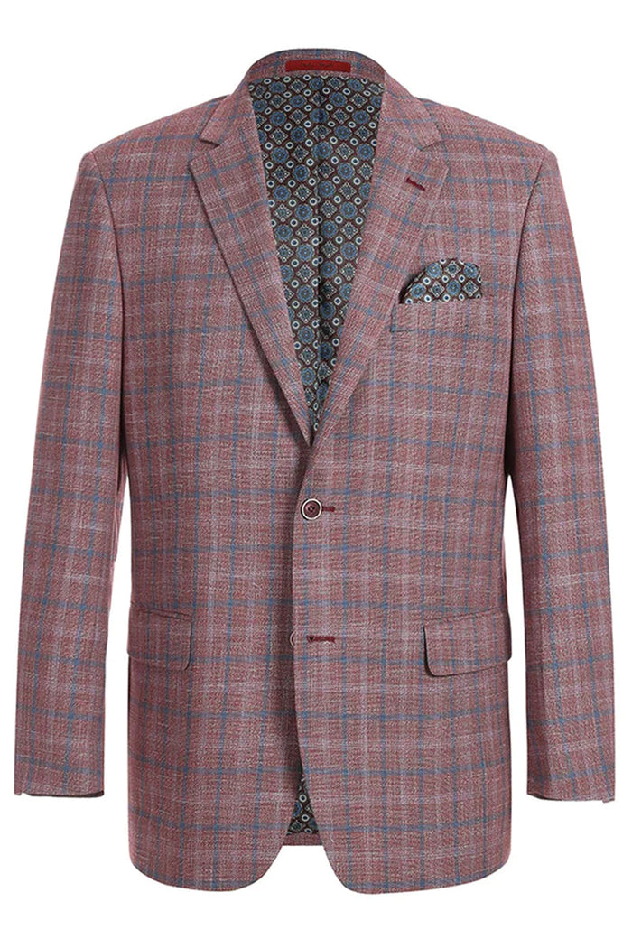 "Burgundy Red Windowpane Plaid Men's Classic Fit Blazer - Two Button Sport Coat"