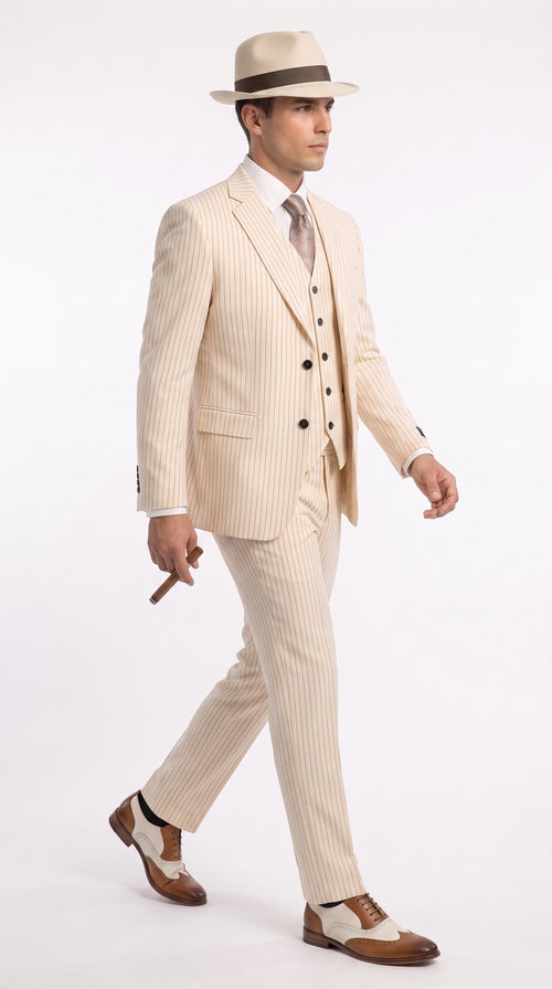 Men’s Ivory Cream Pinstripe 3-Piece Suit – 1920s Gangster Gatsby Wedding and Formal Suit