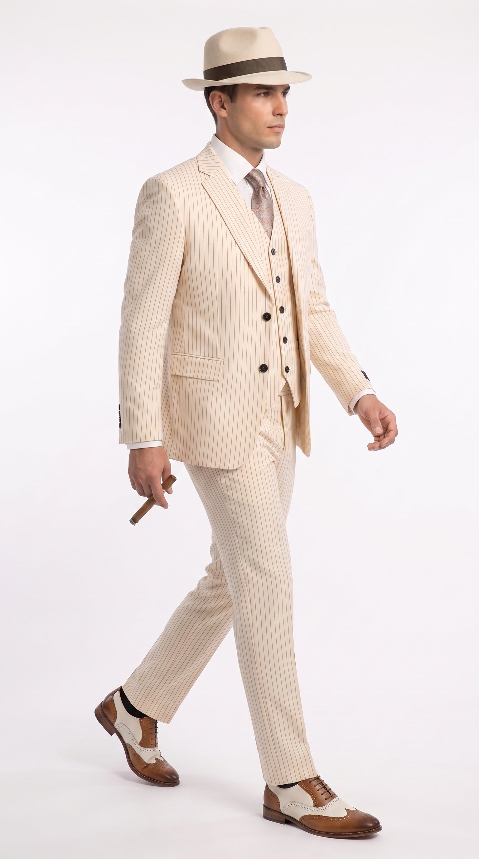 Men’s Ivory Cream Pinstripe 3-Piece Suit – 1920s Gangster Gatsby Wedding and Formal Suit