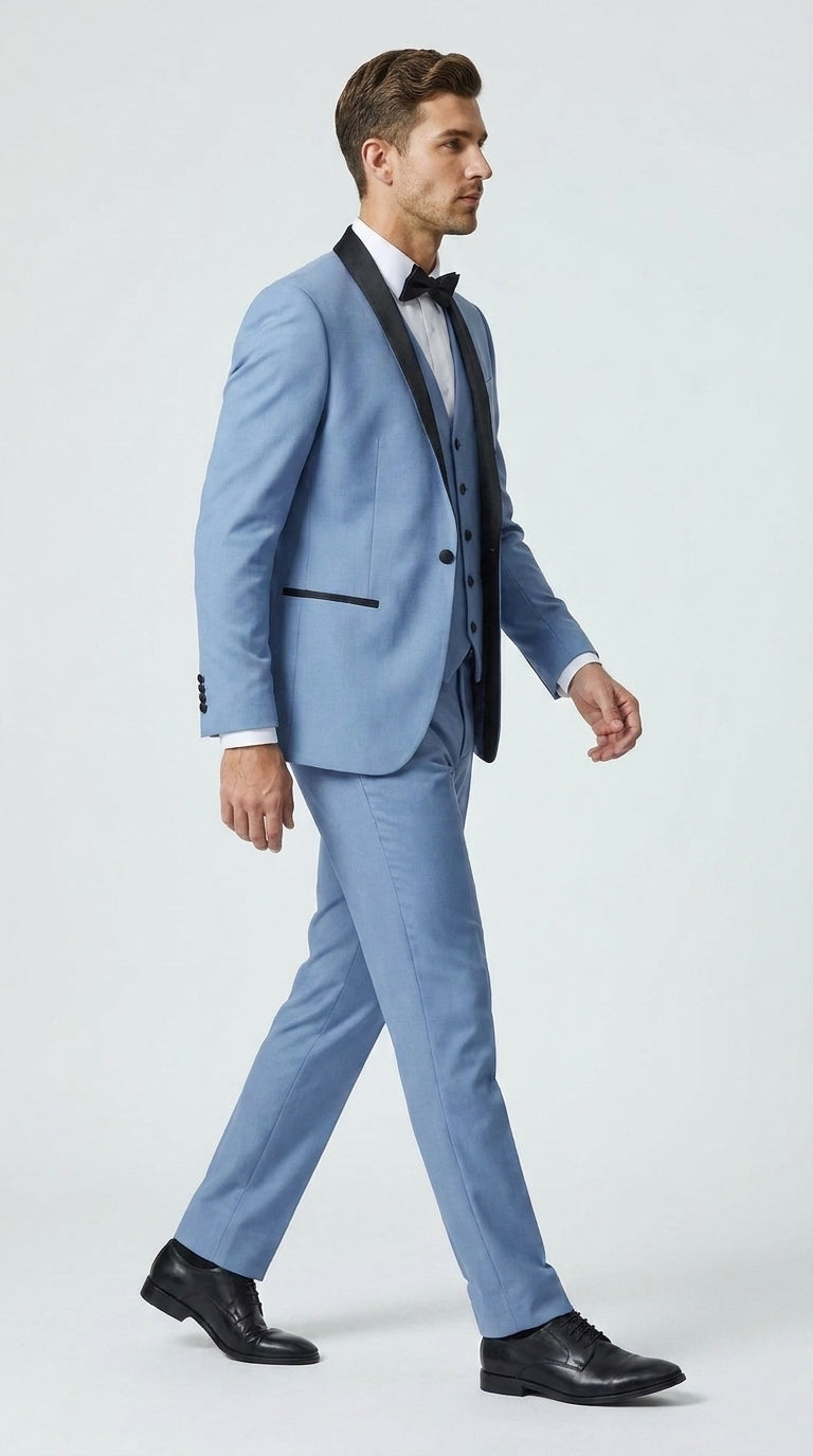 Men’s Powder Blue 3 Piece Tuxedo Suit – Light Blue Shawl Lapel Wedding Prom Suit with Vest - 34 Short or Extra Small