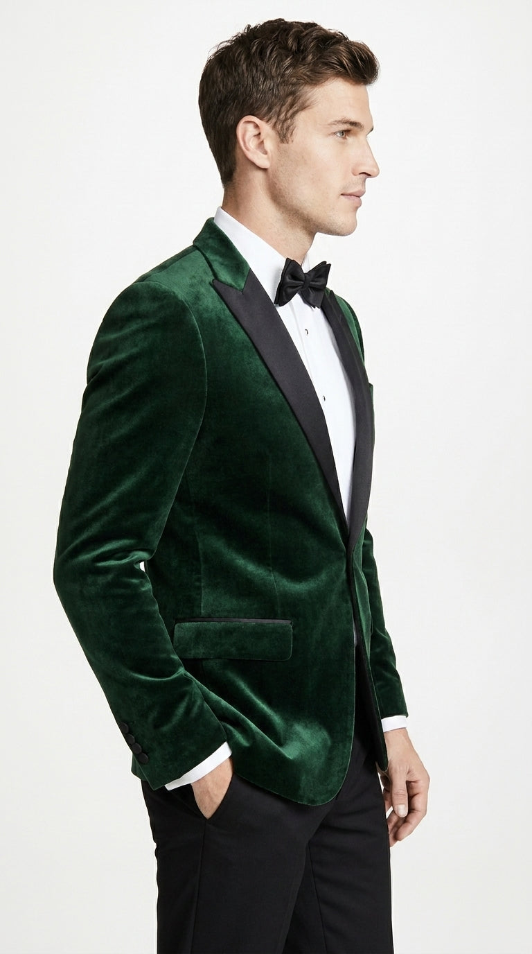 Men’s Olive Green Velvet Tuxedo Dinner Jacket – Black Satin Peak Lapel Formal Prom Wedding Blazer - 34 Short or Extra Small