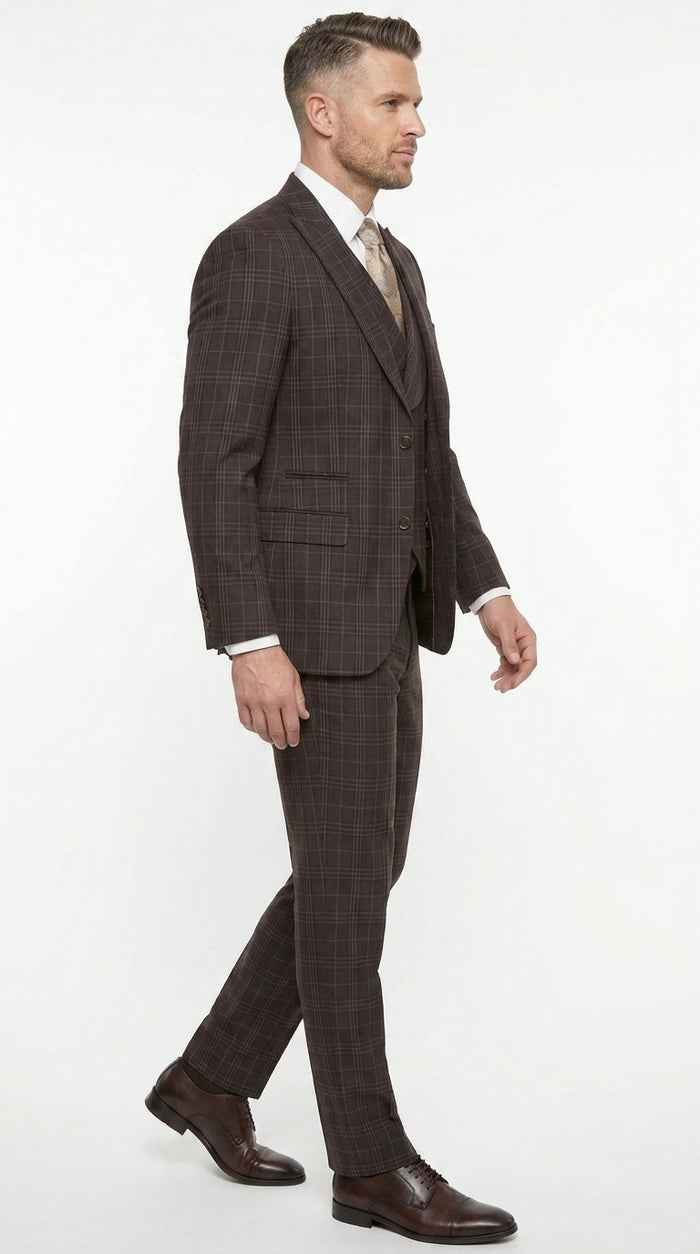 Men’s Vitali 3PC Suit – Choclate Brown and blue Plaid Check 3-Piece Suit with Double-Breasted Vest Modern Fit Side Vented