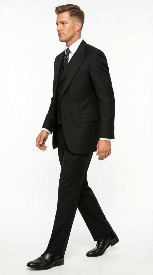 Tiglio Mens Black 3 Piece Suit – Single Button Classic Fit Pleated Wide Leg Pants Formal Business Chruch Suit - 100% Wool