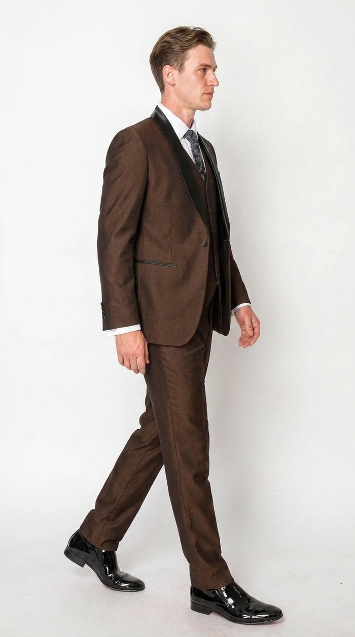 Men’s Chocolate Brown 3-Piece Tuxedo Suit with Black Satin Shawl Lapel – Shawl Collar Vested