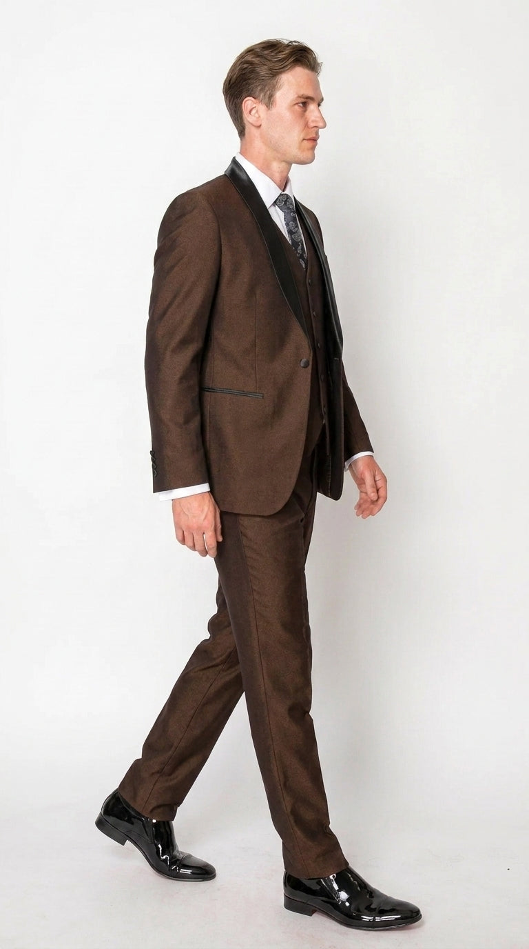Men’s Chocolate Brown 3-Piece Tuxedo Suit with Black Satin Shawl Lapel – Shawl Collar Vested