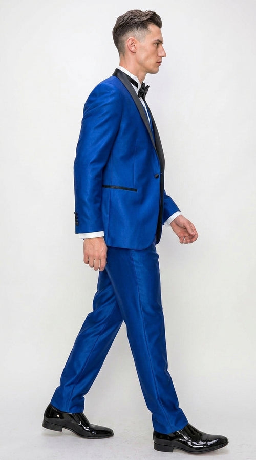 Men’s Shiny Royal Blue 3 Piece Tuxedo – Vested Wedding & Prom Suit with Black Shawl Lapel