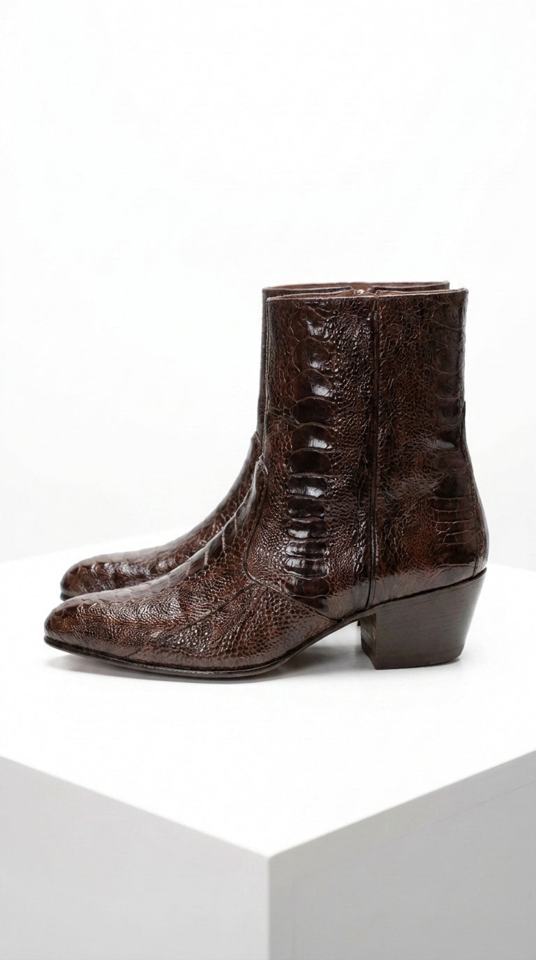 Men’s Brown Cuban Heel Boots – Exotic Ostrich Leg & Ostrich Quill Pointed Toe Dress Boots By Los Altos