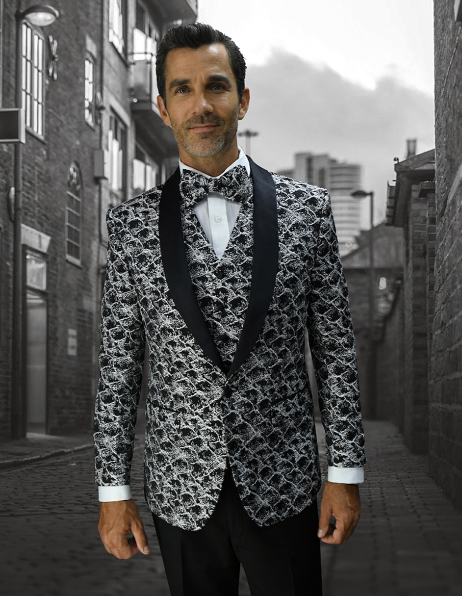 Mens Vested Floar Pattern Shawl Lapel Tuxedo in Black - 38 Short