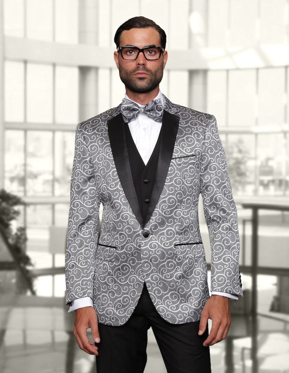 Mens Vested Swirl Patter Notch Lapel Tuxedo in Silver Grey - 36 Short