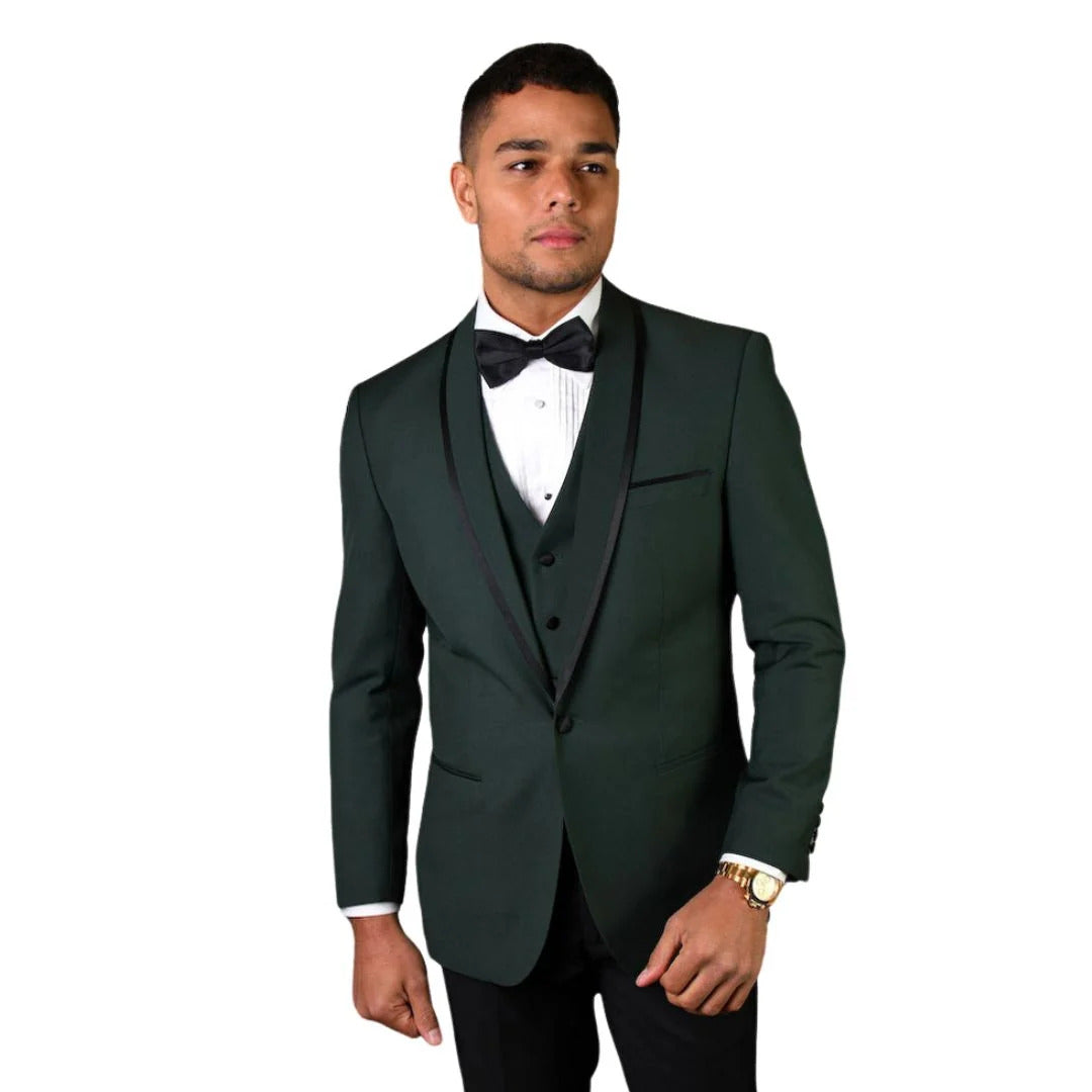 3-Piece Tailored Fit Wool Suit with Bow Tie and Flat Front Pants - Hunter - 34 Short or Extra Small