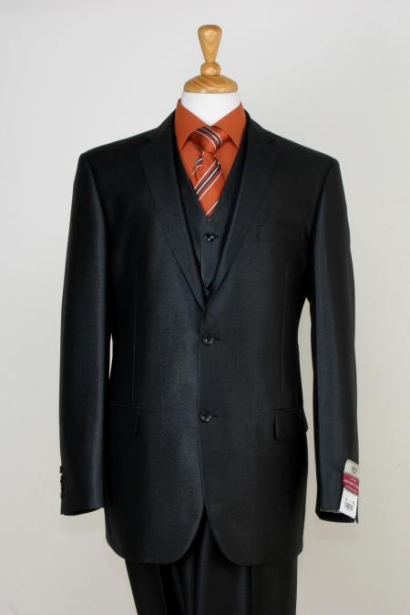Men's 3 Piece Sharkskin Suit Flat Front Pants Shiny Flashy Satin Silky Metallic Black - 52 Long