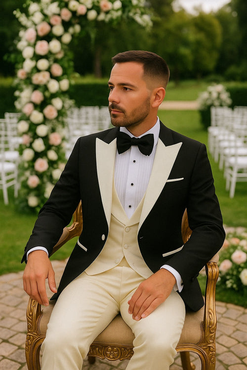 Mens Black and Ivory Tuxedo with Wide Shawl Lapel 3 Piece Black and off White Lapel ! Vested Suit