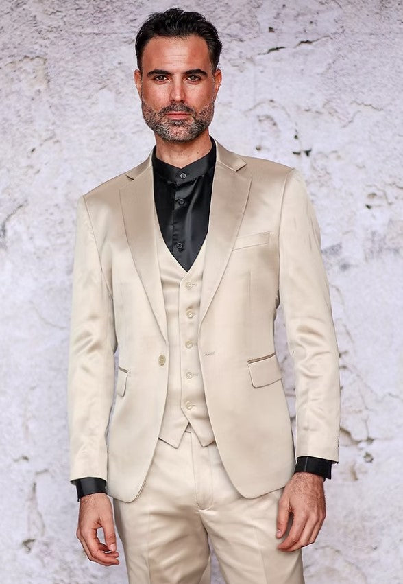 Mens 3-Piece Slim-Fit Shiny All Satin Suit Champagne - 34 Short or Extra Small