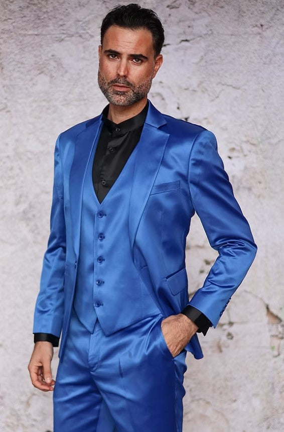 Mens 3-Piece Slim-Fit Shiny All Satin Suit Royal - 34 Short or Extra Small