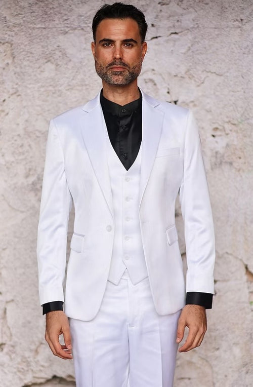 Mens 3-Piece Slim-Fit Shiny All Satin Suit White