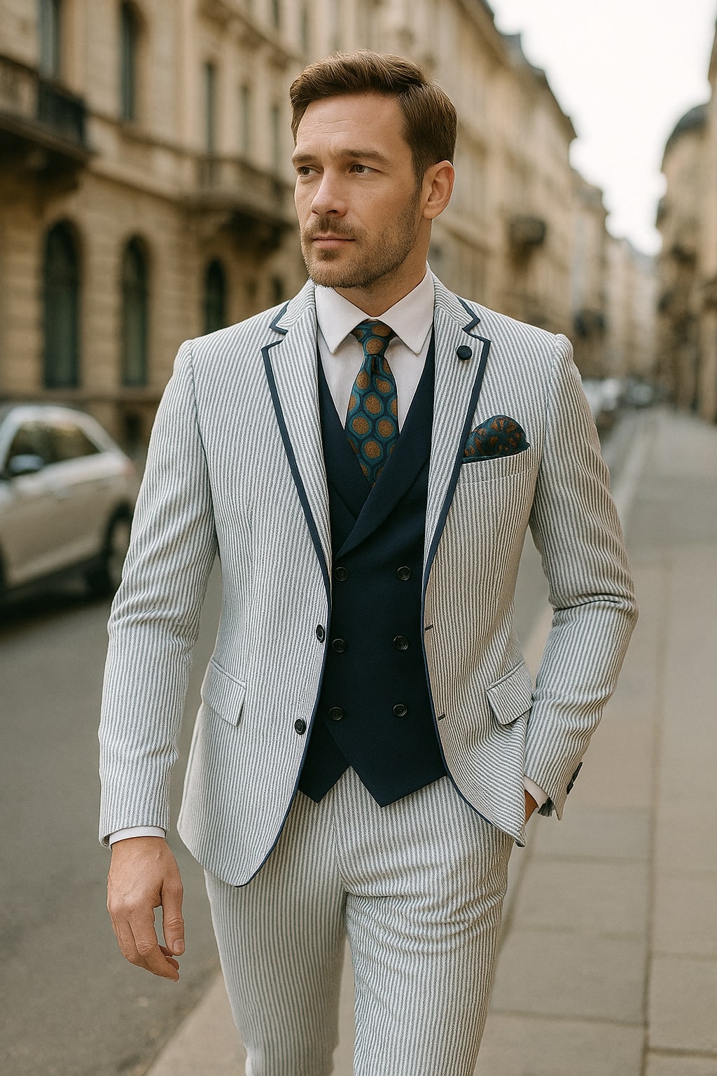 Men's White and Navy Pinstripe Suit with Contrast Trim â€“ 3-Piece Seersucker Style Set for Weddings and Summer Events - 34 Short or Extra Small