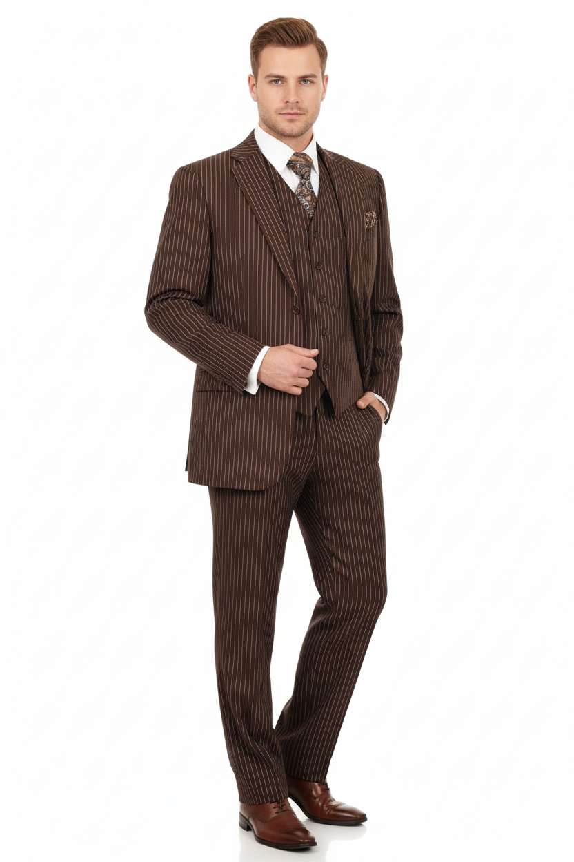 Men’s Brown Pinstripe 3-Piece Suit – Classic Business and Formal Wear with Vest - Small