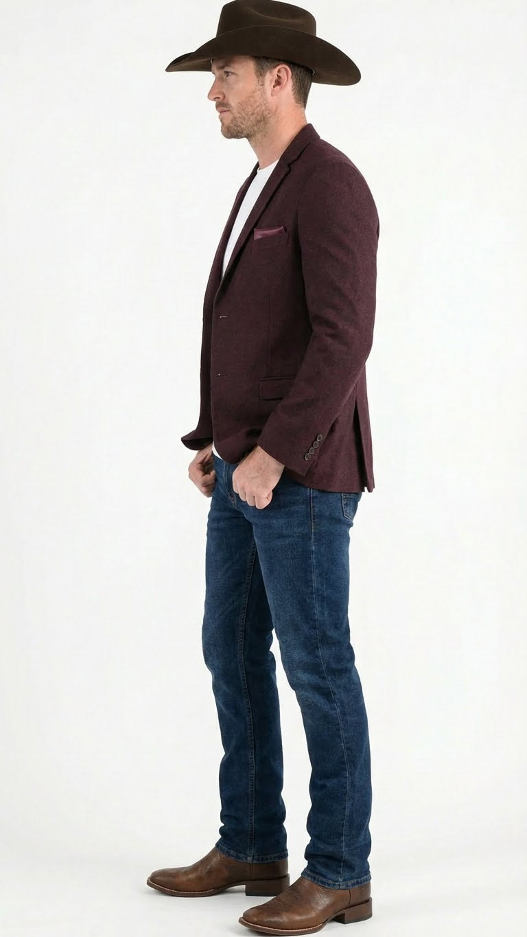 Men’s Burgundy Western  Blazer Jacket, Textured Cowboy Style Sport Coat for  - Tweed Herringbone Maroon Color - 36 Short