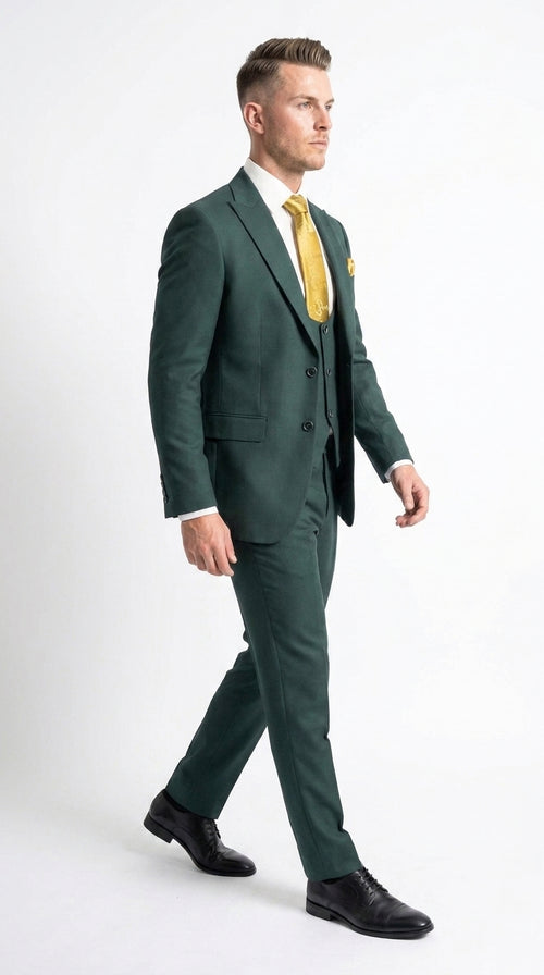 Mens Vitali 3 Piece Suit W/Scoop Vest Hunter Green 3-Piece Suit –, Big Peak Lapel  Vest and Pants  Modern Fit Two Buttons