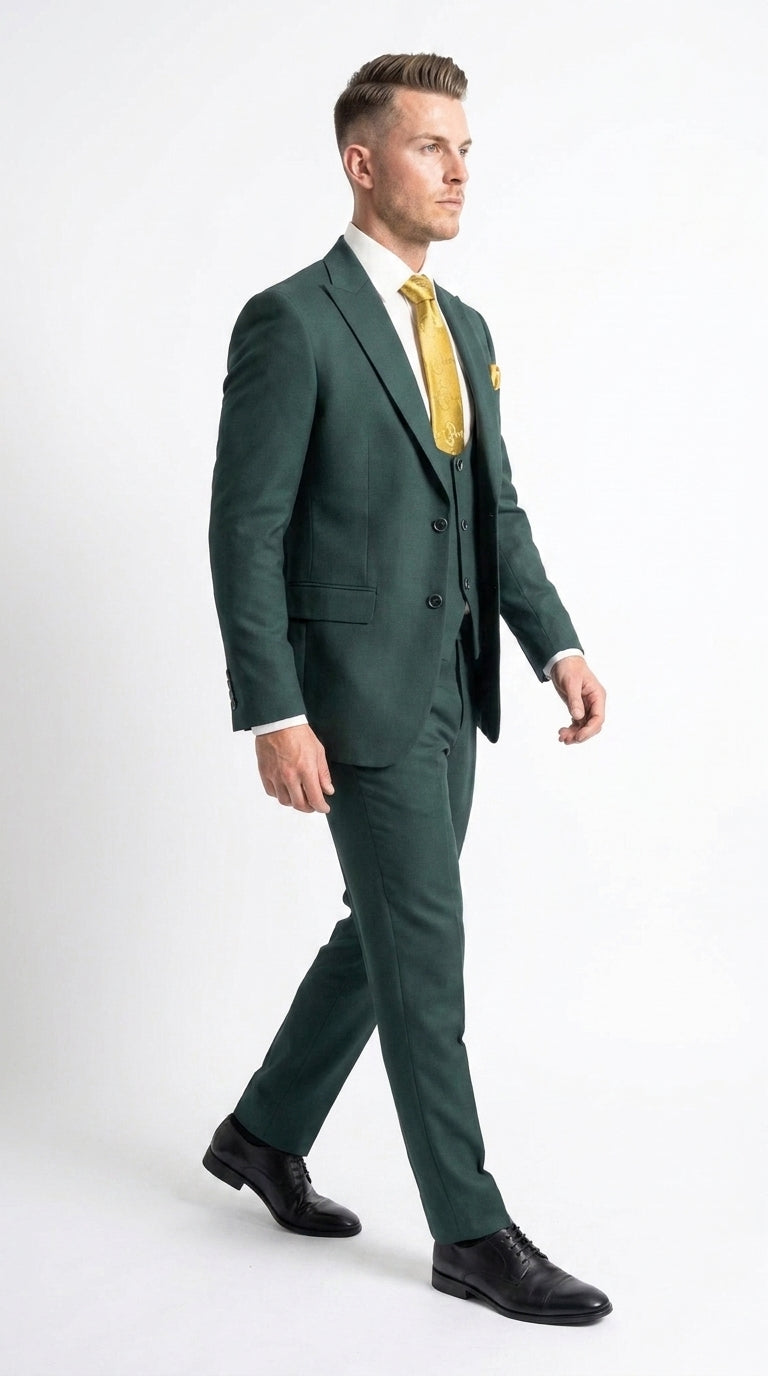 Mens Vitali 3 Piece Suit W/Scoop Vest Hunter Green 3-Piece Suit –, Big Peak Lapel  Vest and Pants  Modern Fit Two Buttons - 34 Short or Extra Small